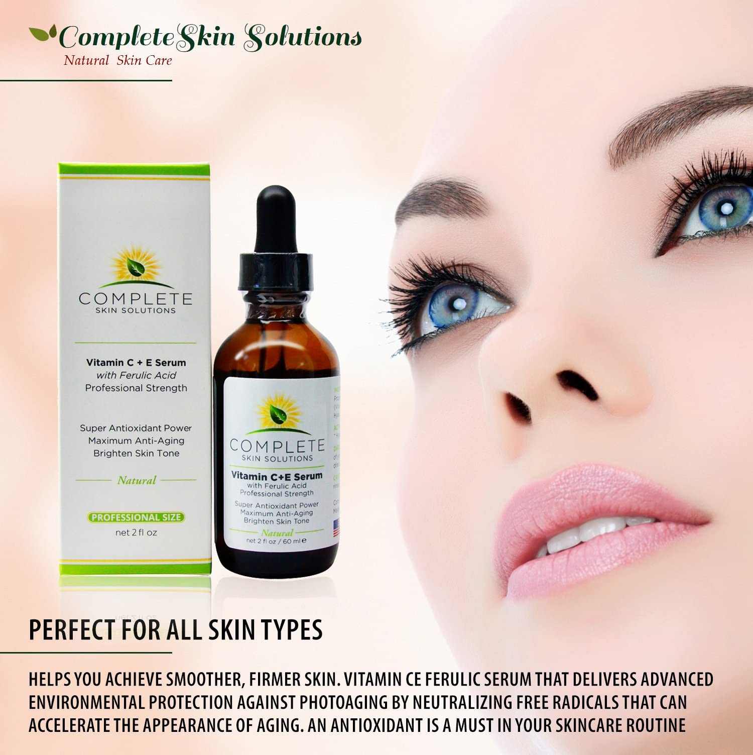 Complete Skin Solutions Natural Best Vitamin C Serum – 2 oz with Ferulic, Hyaluronic Acid, Vitamin C 15% – Made in USA