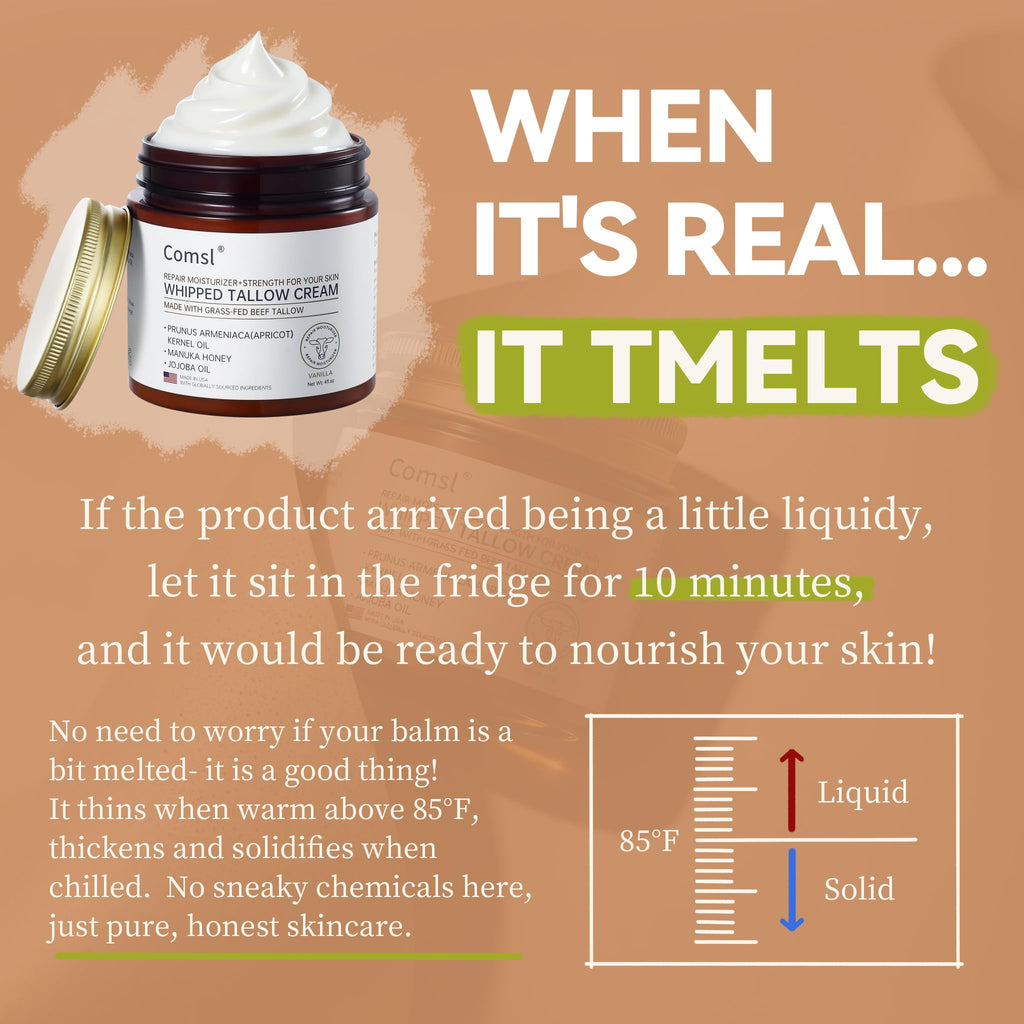 comsl Whipped Tallow Honey Cream – Unscented Moisturizer with Grass-Fed Beef Tallow & Raw Honey | US-Made in FL