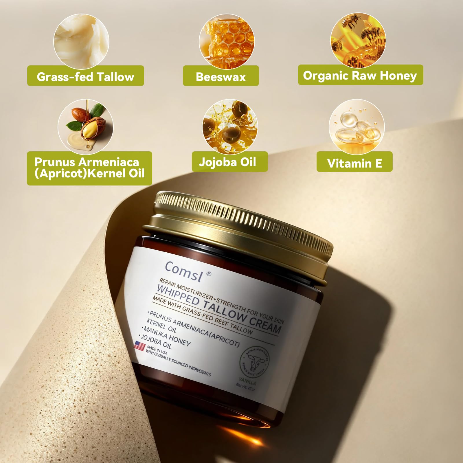 comsl Whipped Tallow Honey Cream – Unscented Moisturizer with Grass-Fed Beef Tallow & Raw Honey | US-Made in FL