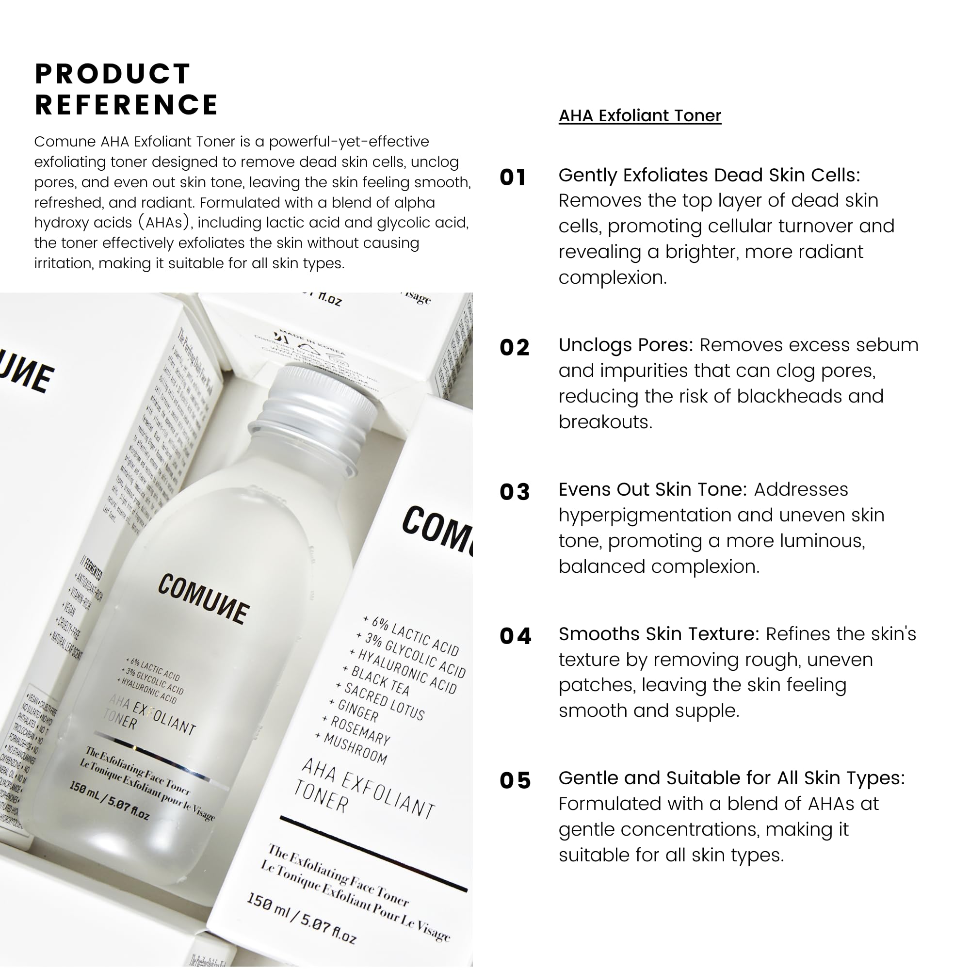 COMUNE AHA Exfoliant Toner — 6% Lactic Acid, 3% Glycolic Acid, Hyaluronic Acid | Gentle Exfoliation & Hydration