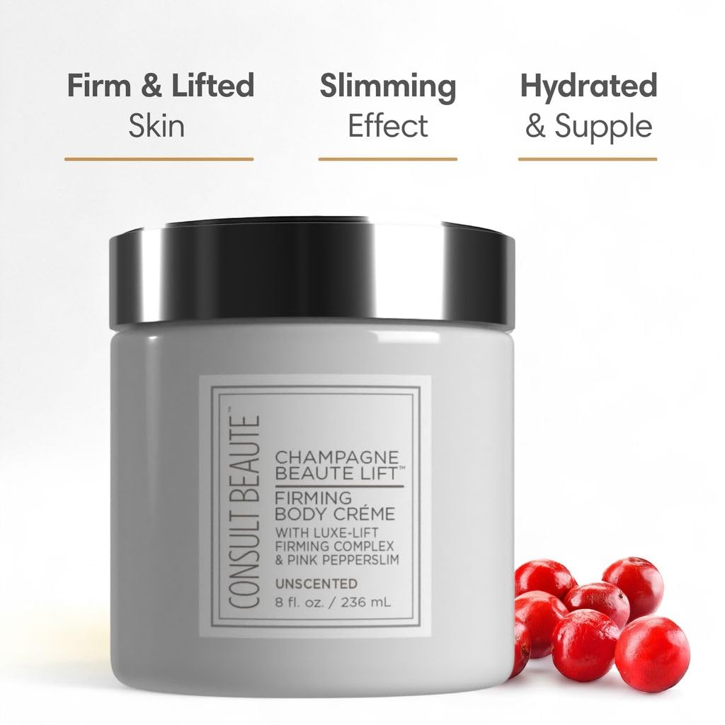 Consult Beaute Unscented Champagne Lift Hydrating Firming Body Cream with Pink PepperSlim – Tightens Crepey Skin & Hydrates Arms & Legs (8 oz)