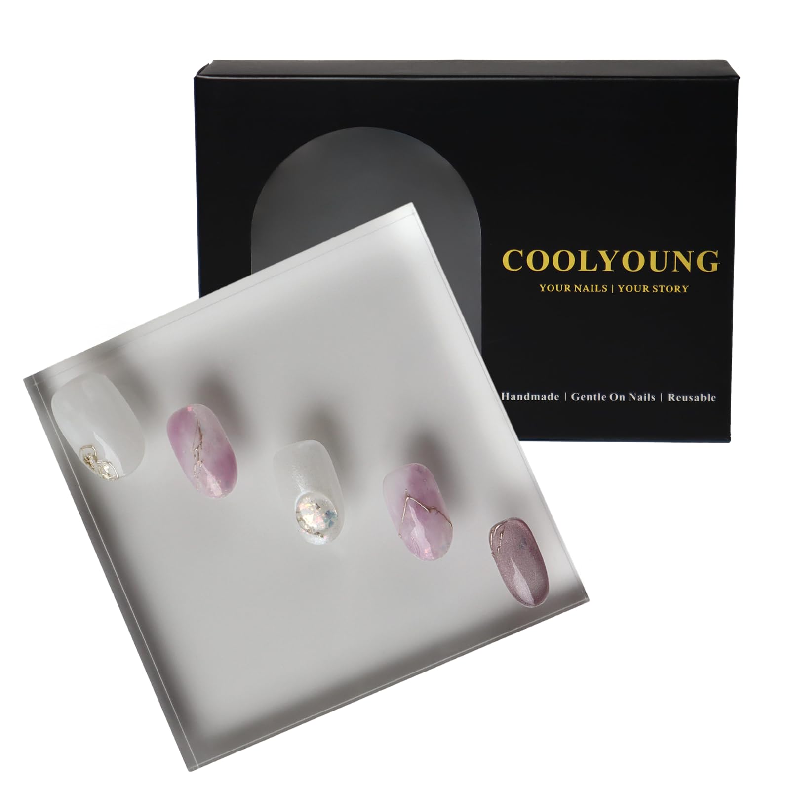 COOLYOUNG Handmade Short Almond Press On Nails – 15 PCS, 3 Sizes, French Tip with Rhinestones