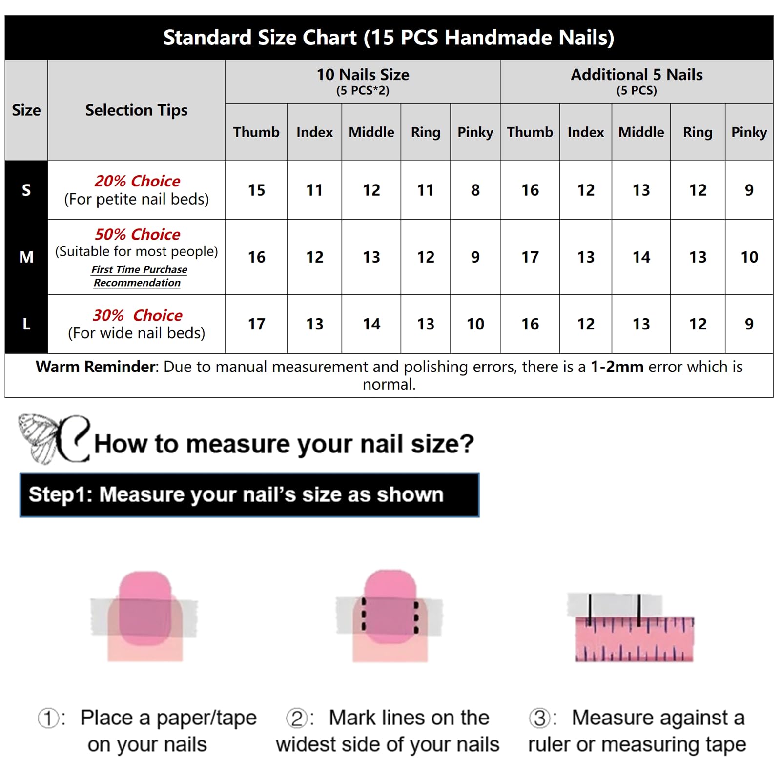 COOLYOUNG Handmade Short Almond Press On Nails – 15 PCS, 3 Sizes, French Tip with Rhinestones