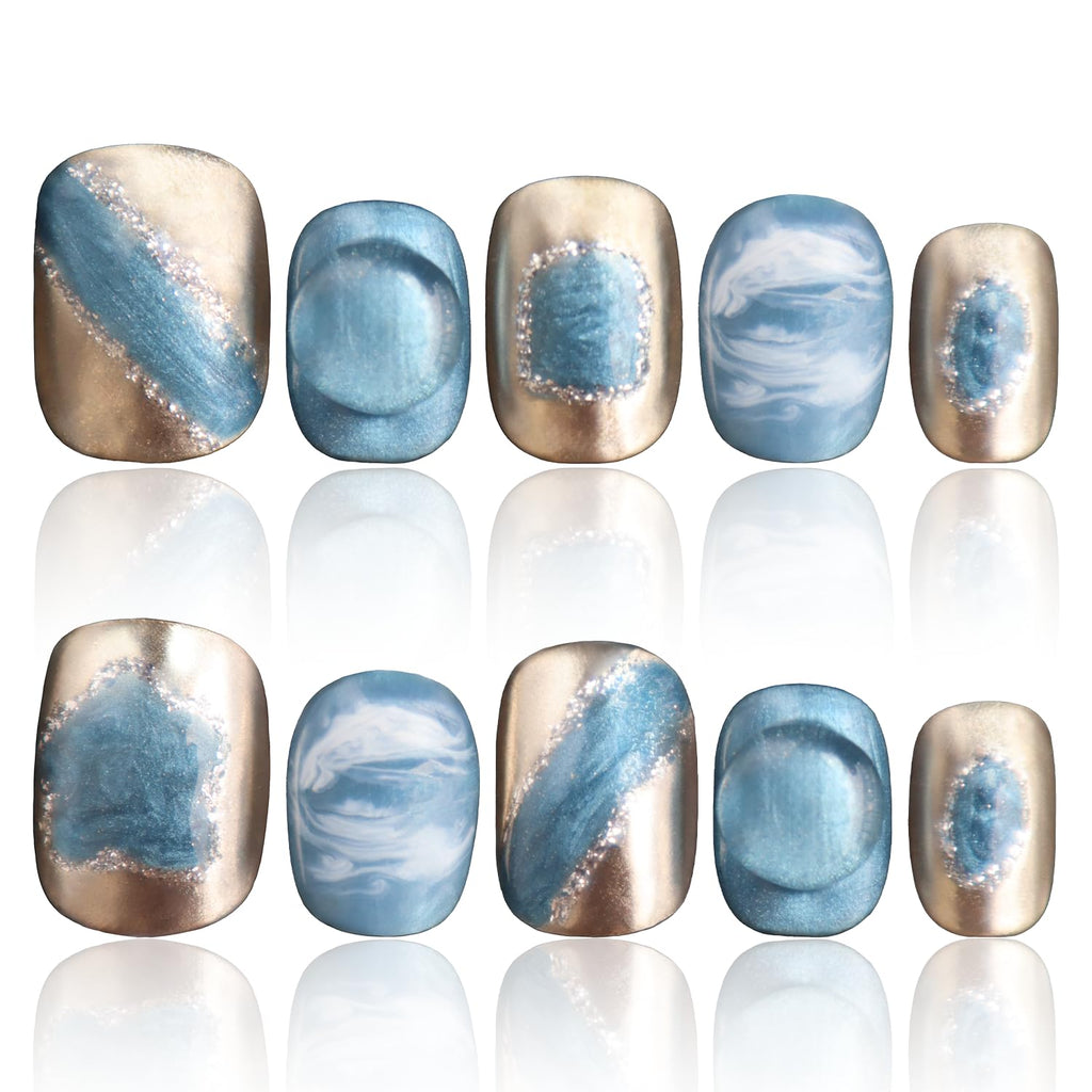 COOLYOUNG Short Square Press On Nails – Handmade Blue Acrylic, 10-Piece Set (Size S)