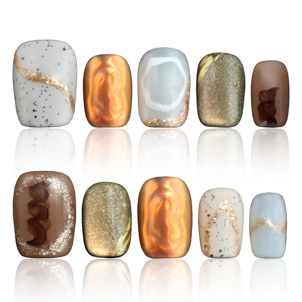 COOLYOUNG Handmade Cat Eye Press On Nails – Short Square, 10 Pcs (S/M/L)