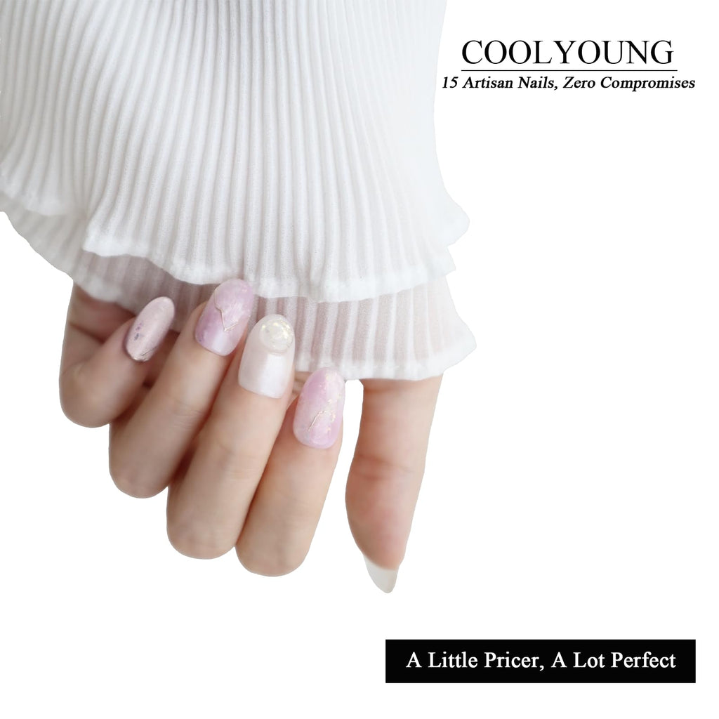 COOLYOUNG Handmade Short Almond Press On Nails – 15 PCS, 3 Sizes, French Tip with Rhinestones