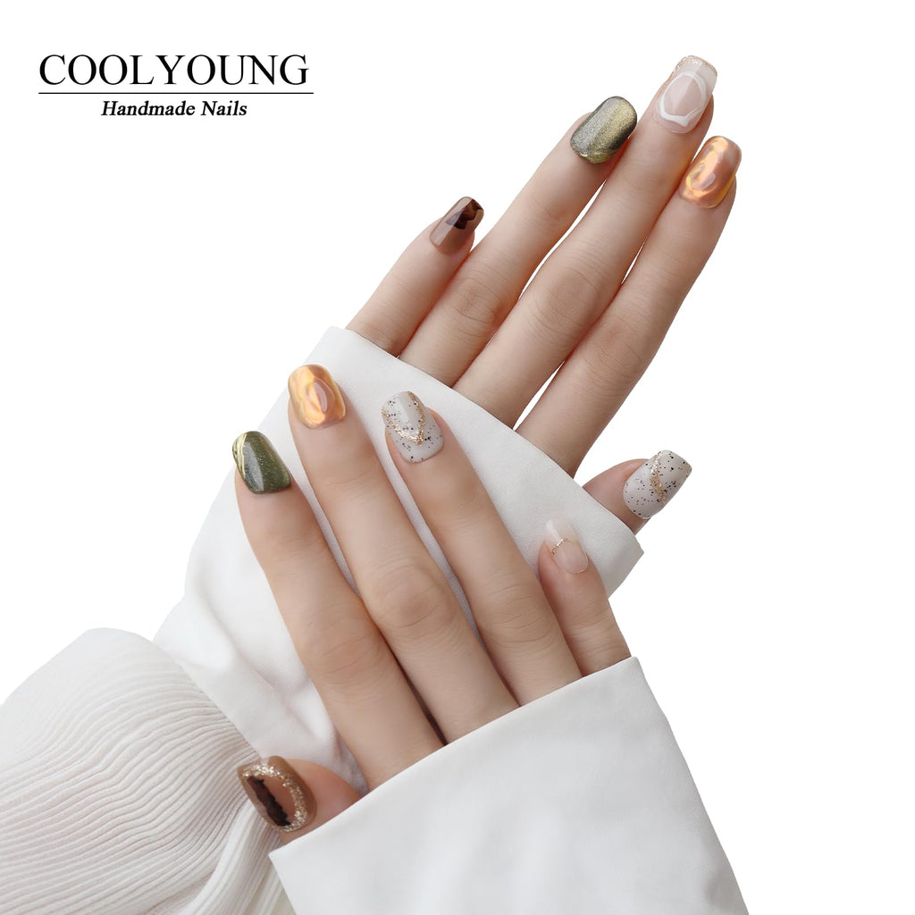 COOLYOUNG Handmade Cat Eye Press On Nails – Short Square, 10 Pcs (S/M/L)