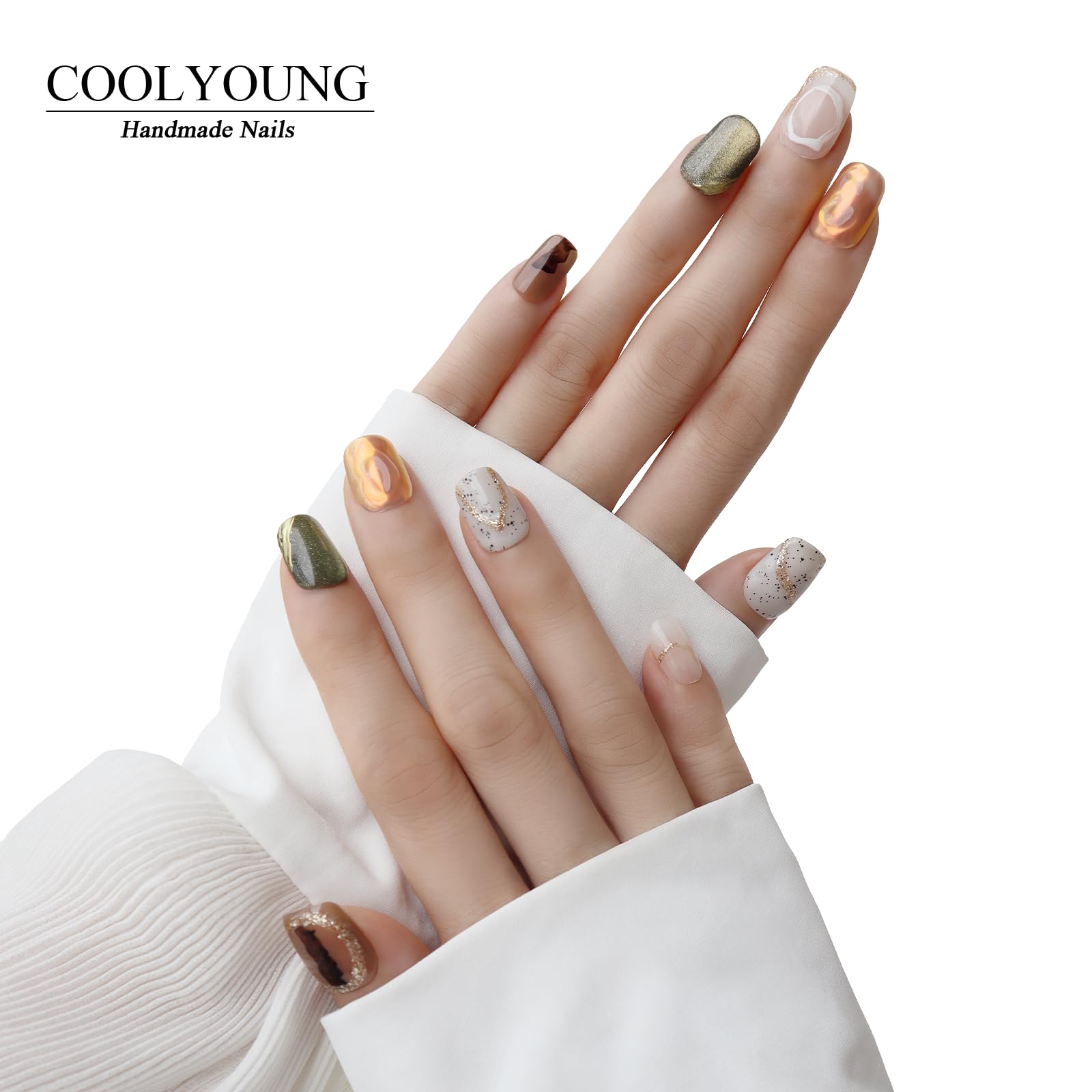 COOLYOUNG Handmade Cat Eye Press On Nails – Short Square, 10 Pcs (S/M/L)