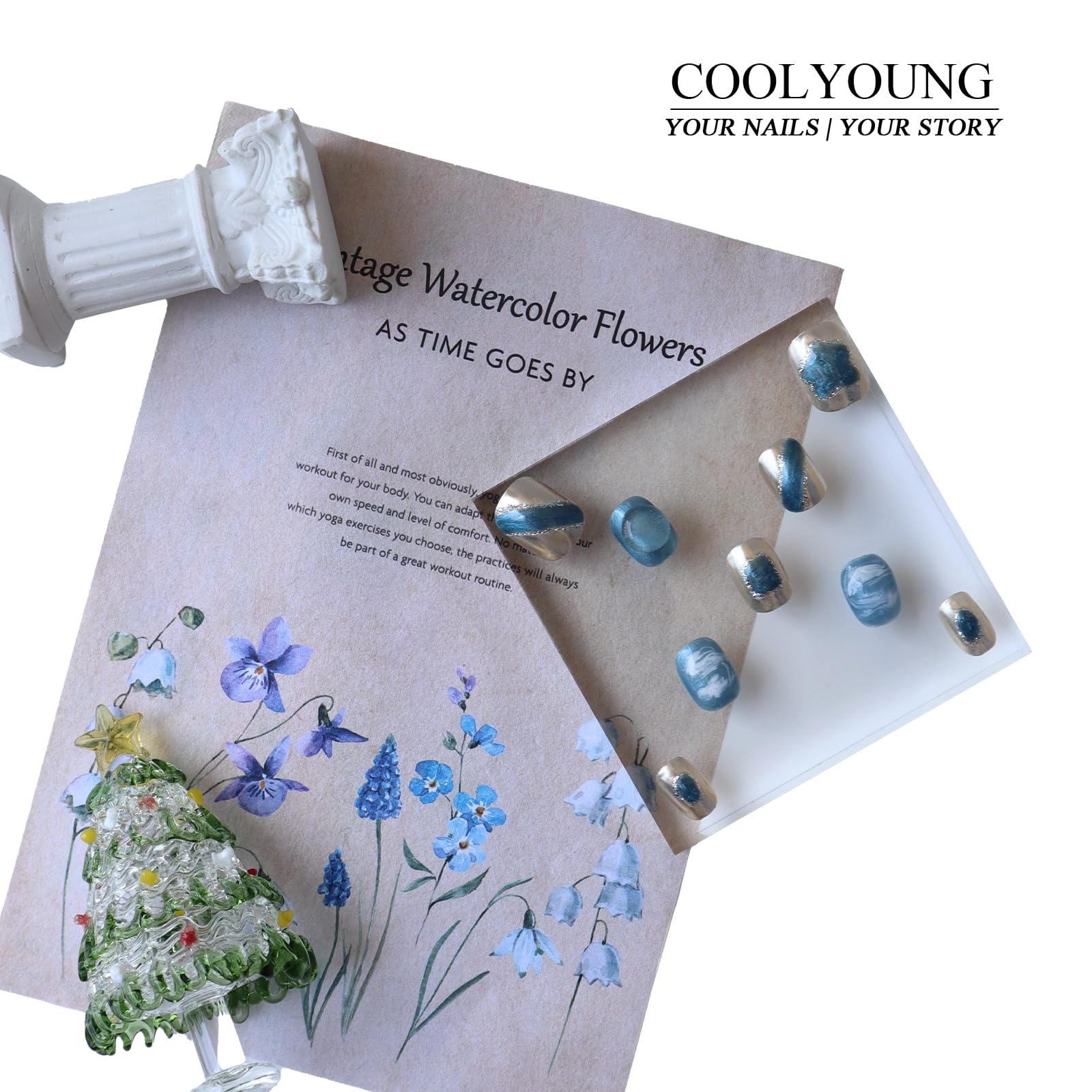 COOLYOUNG Short Square Press On Nails – Handmade Blue Acrylic, 10-Piece Set (Size S)