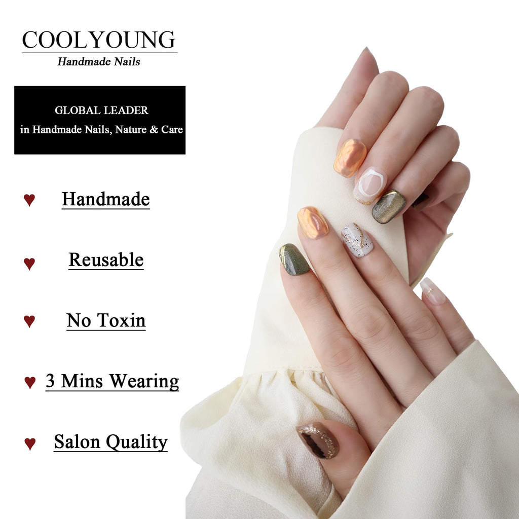 COOLYOUNG Handmade Cat Eye Press On Nails – Short Square, 10 Pcs (S/M/L)