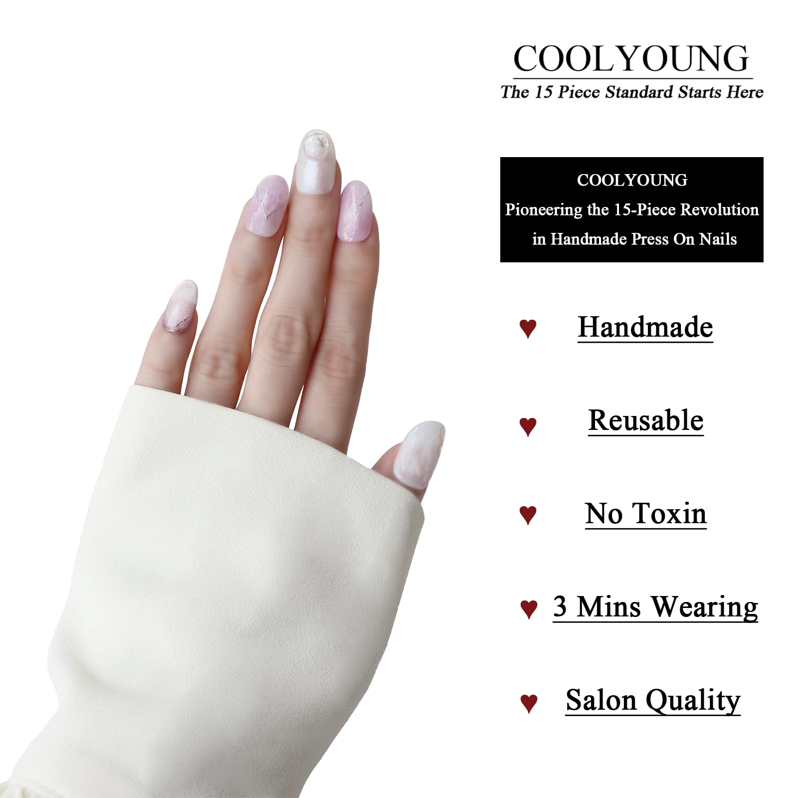 COOLYOUNG Handmade Short Almond Press On Nails – 15 PCS, 3 Sizes, French Tip with Rhinestones