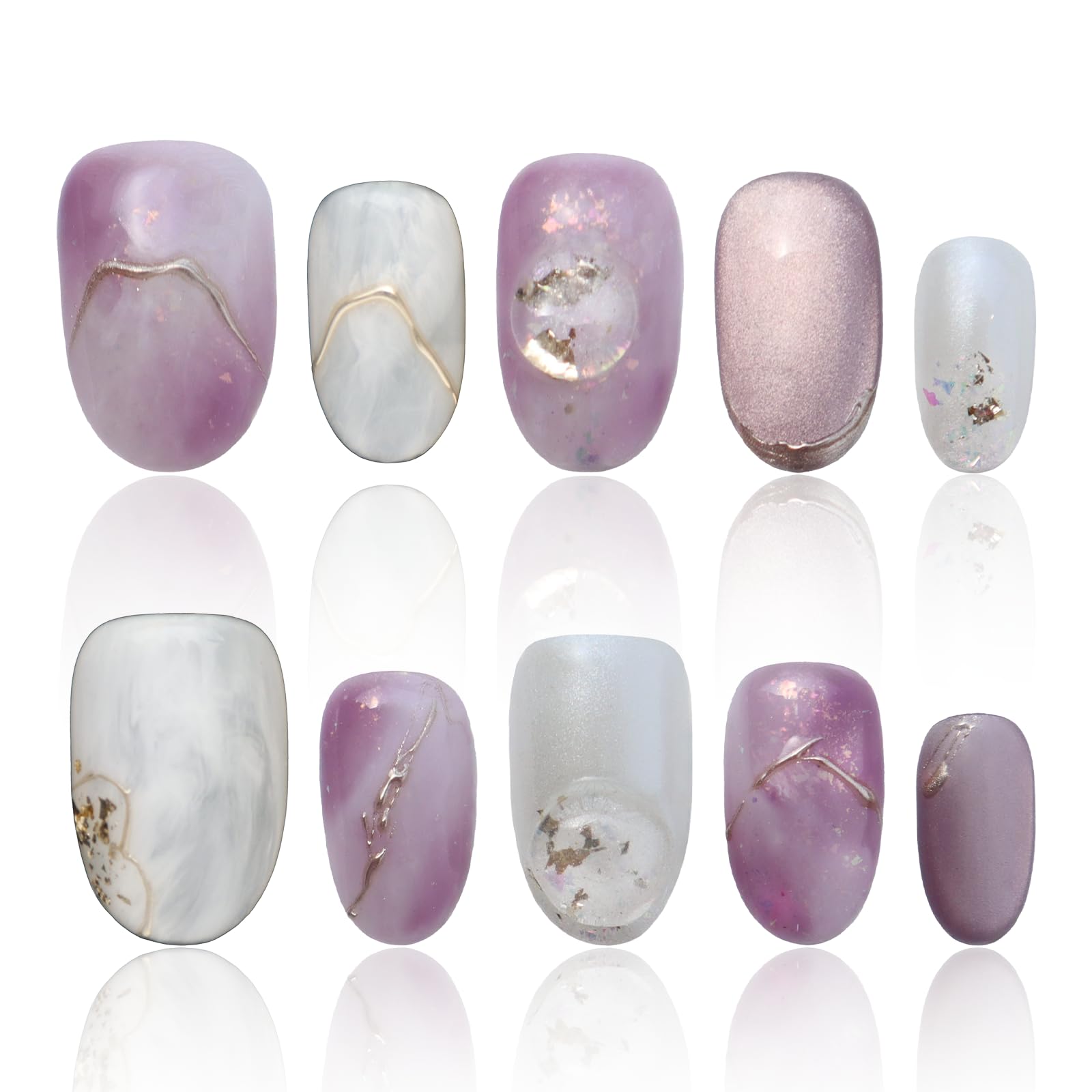 COOLYOUNG Handmade Short Almond Press On Nails – 15 PCS, 3 Sizes, French Tip with Rhinestones