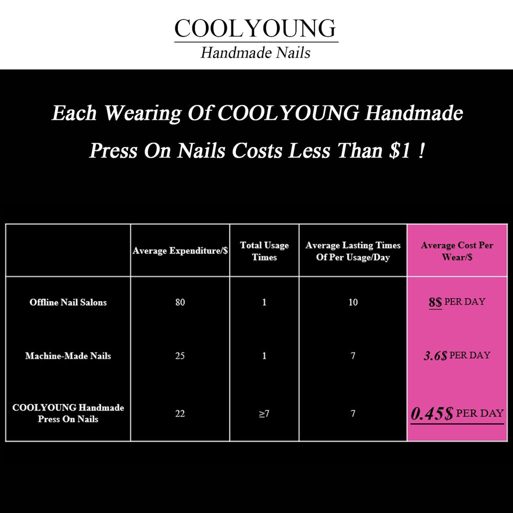 COOLYOUNG Handmade Short Almond Press On Nails – 15 PCS, 3 Sizes, French Tip with Rhinestones