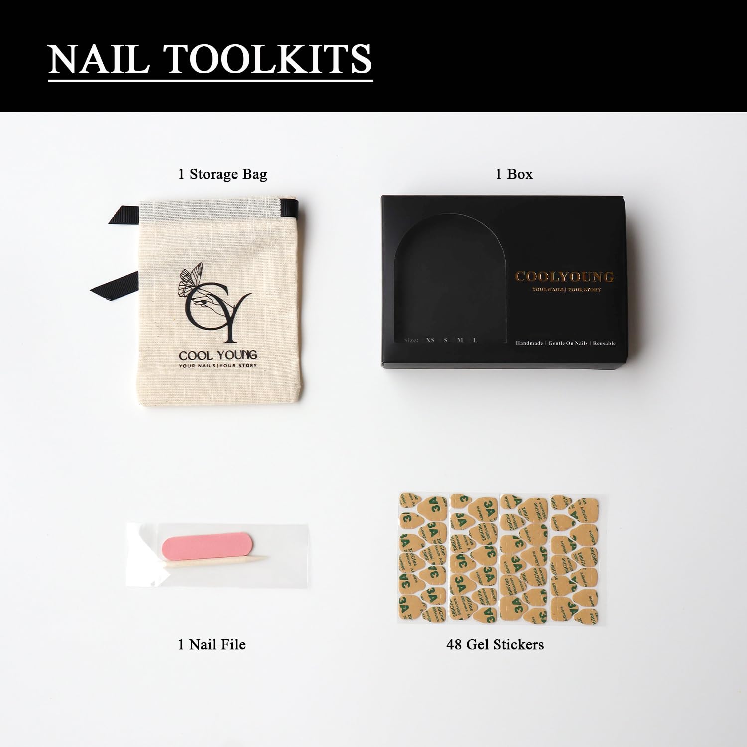 COOLYOUNG Handmade Short Almond Press On Nails – 15 PCS, 3 Sizes, French Tip with Rhinestones