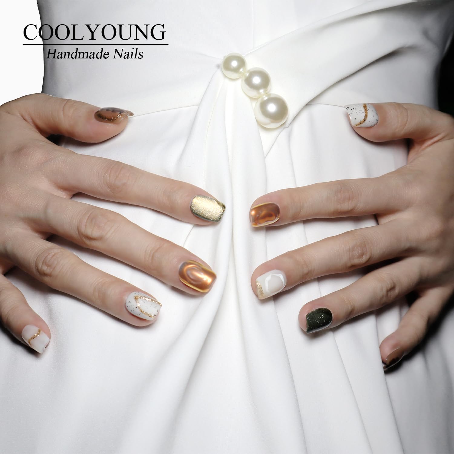 COOLYOUNG Handmade Cat Eye Press On Nails – Short Square, 10 Pcs (S/M/L)