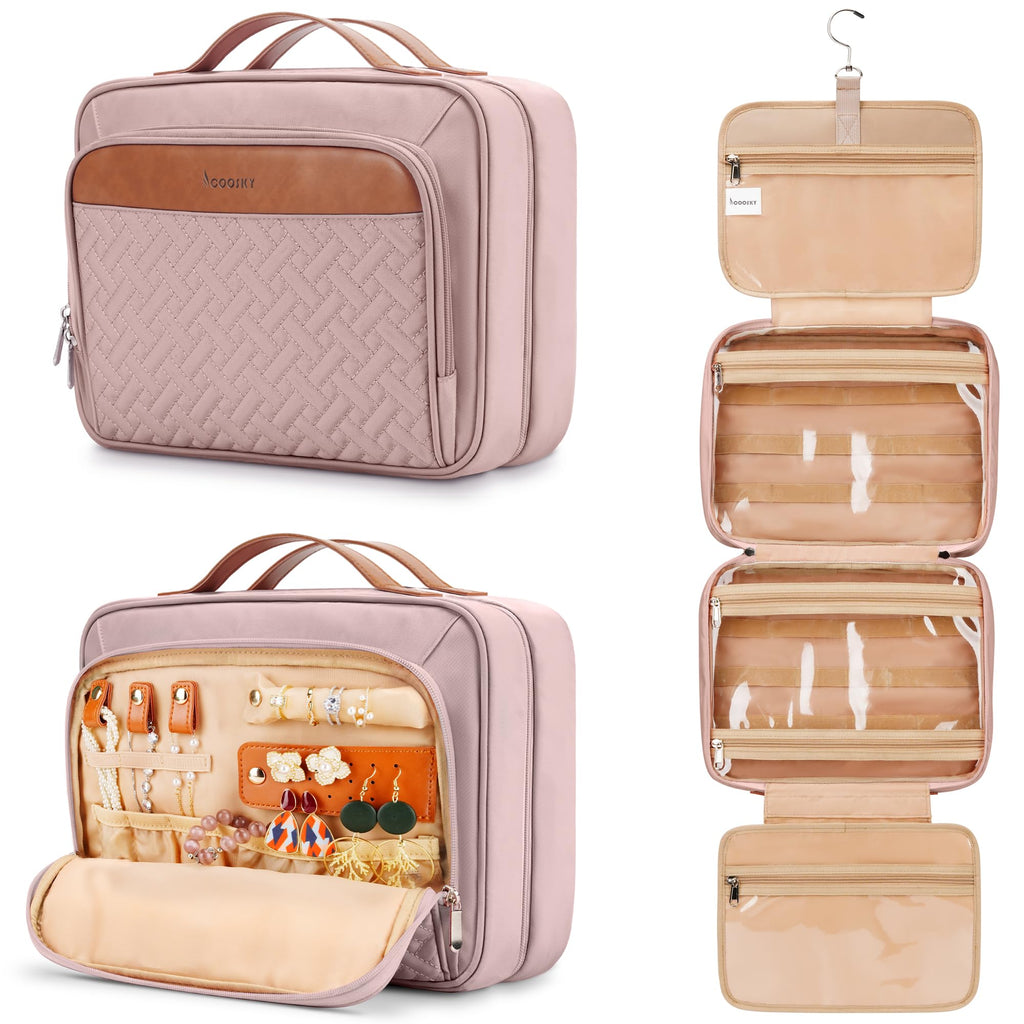 COOSKY Travel Hanging Toiletry Bag for Women | Jewelry Organizer Compartment, Medium Waterproof Dopp Kit – Baby Pink