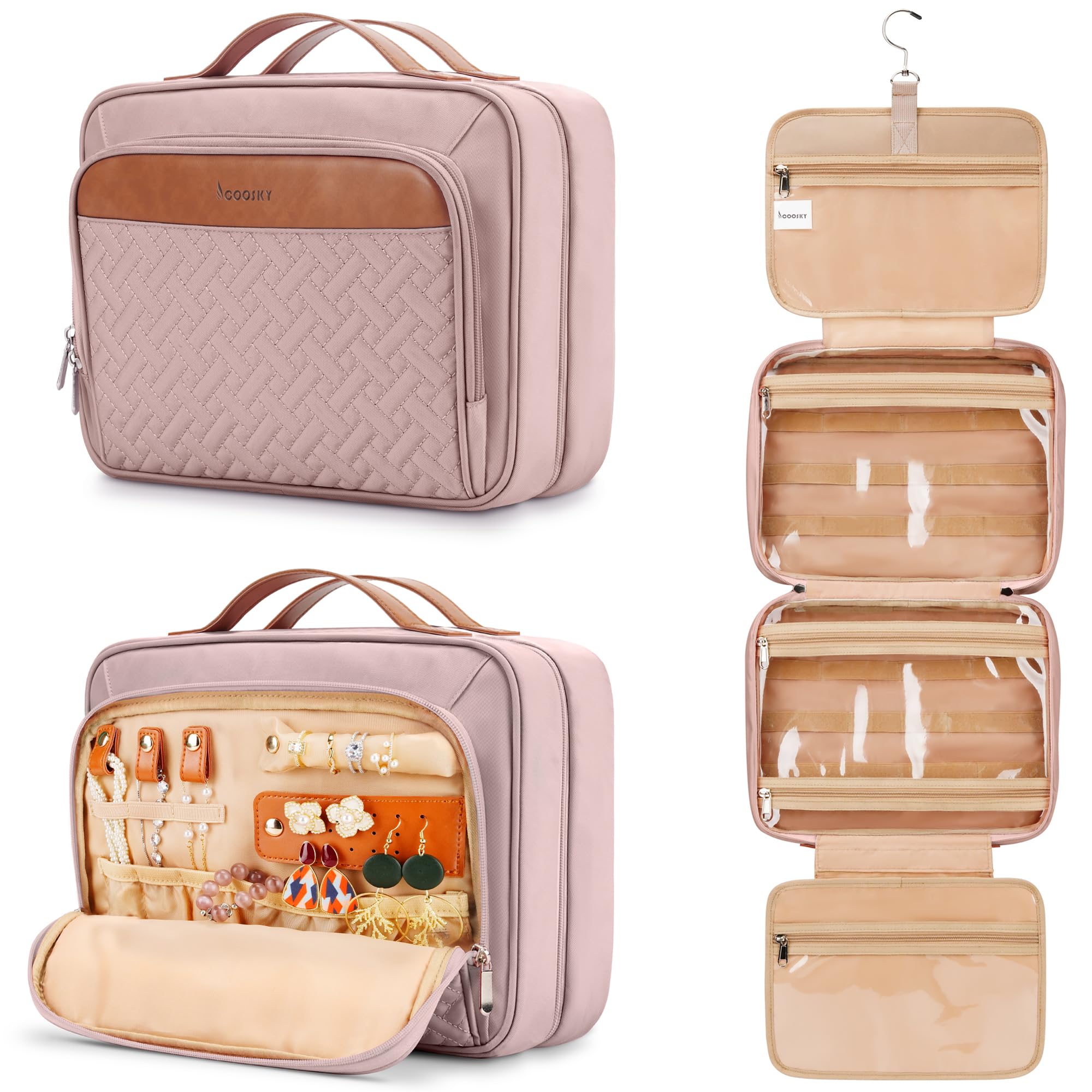 COOSKY Travel Hanging Toiletry Bag for Women | Jewelry Organizer Compartment, Medium Waterproof Dopp Kit – Baby Pink