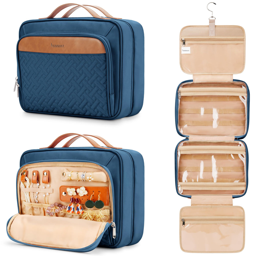 COOSKY Travel Hanging Toiletry Bag for Women with Jewelry Organizer | Medium Waterproof Dopp Kit (Navy)