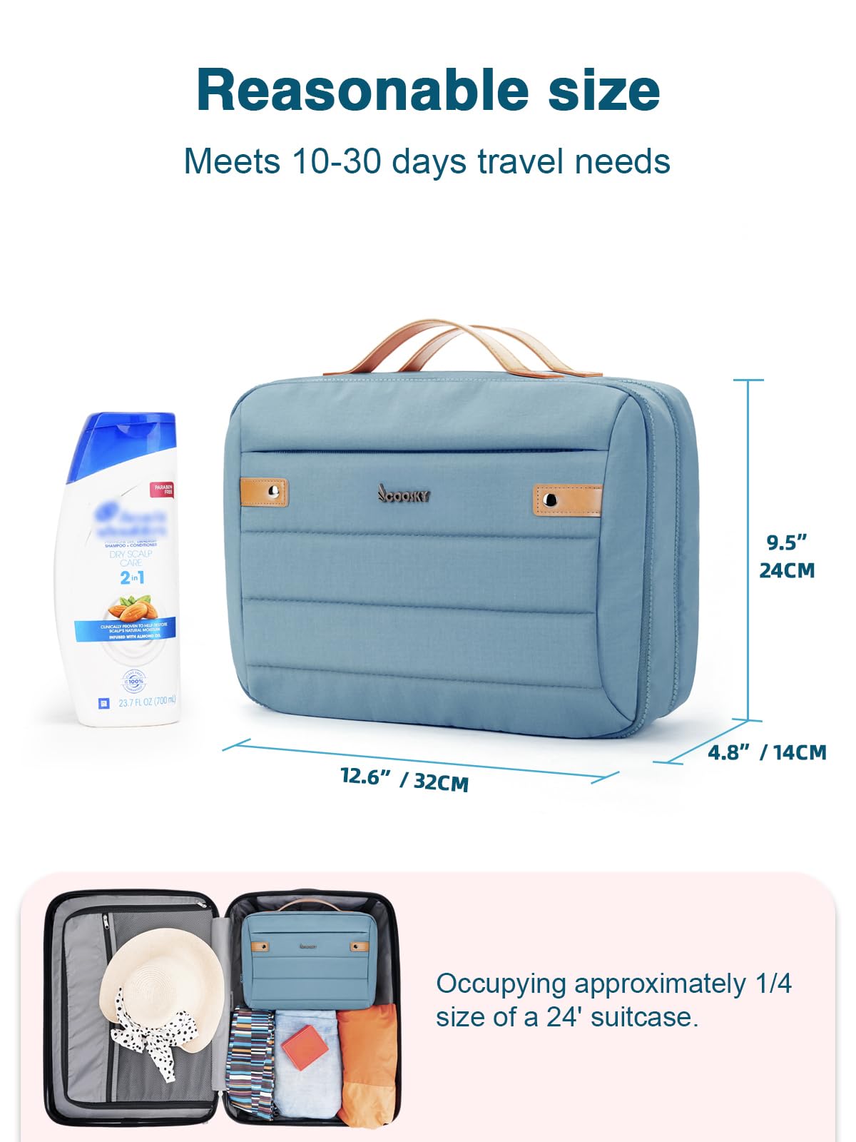COOSKY Women's Hanging Toiletry Bag — Waterproof Travel Organizer with Jewelry Storage, Large Capacity, Blue