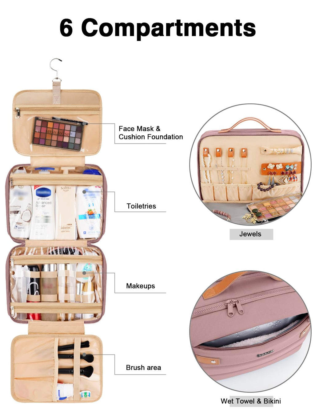 COOSKY Women's Hanging Toiletry Bag | Waterproof Travel Cosmetic Organizer with Jewelry Storage – Large Capacity, Dark Purple