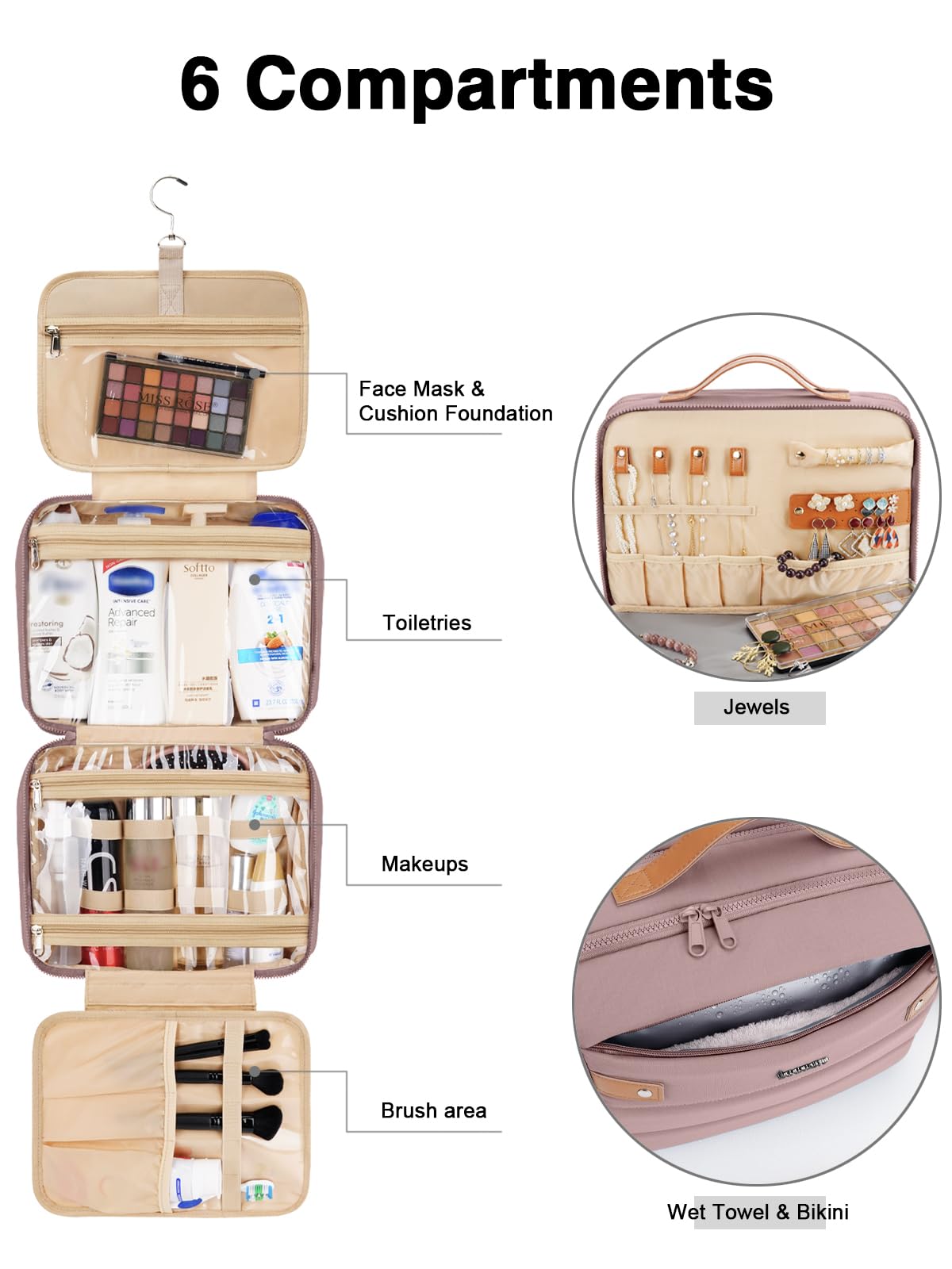 COOSKY Women's Hanging Toiletry Bag | Waterproof Travel Cosmetic Organizer with Jewelry Storage – Large Capacity, Dark Purple