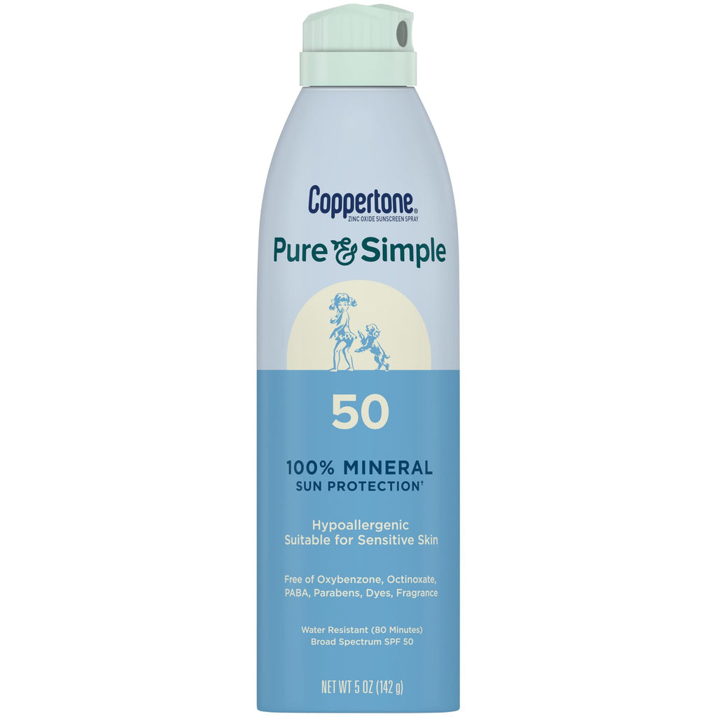 Coppertone Pure & Simple Zinc Oxide SPF 50 Spray – Fragrance-Free, Water-Resistant (5 oz)