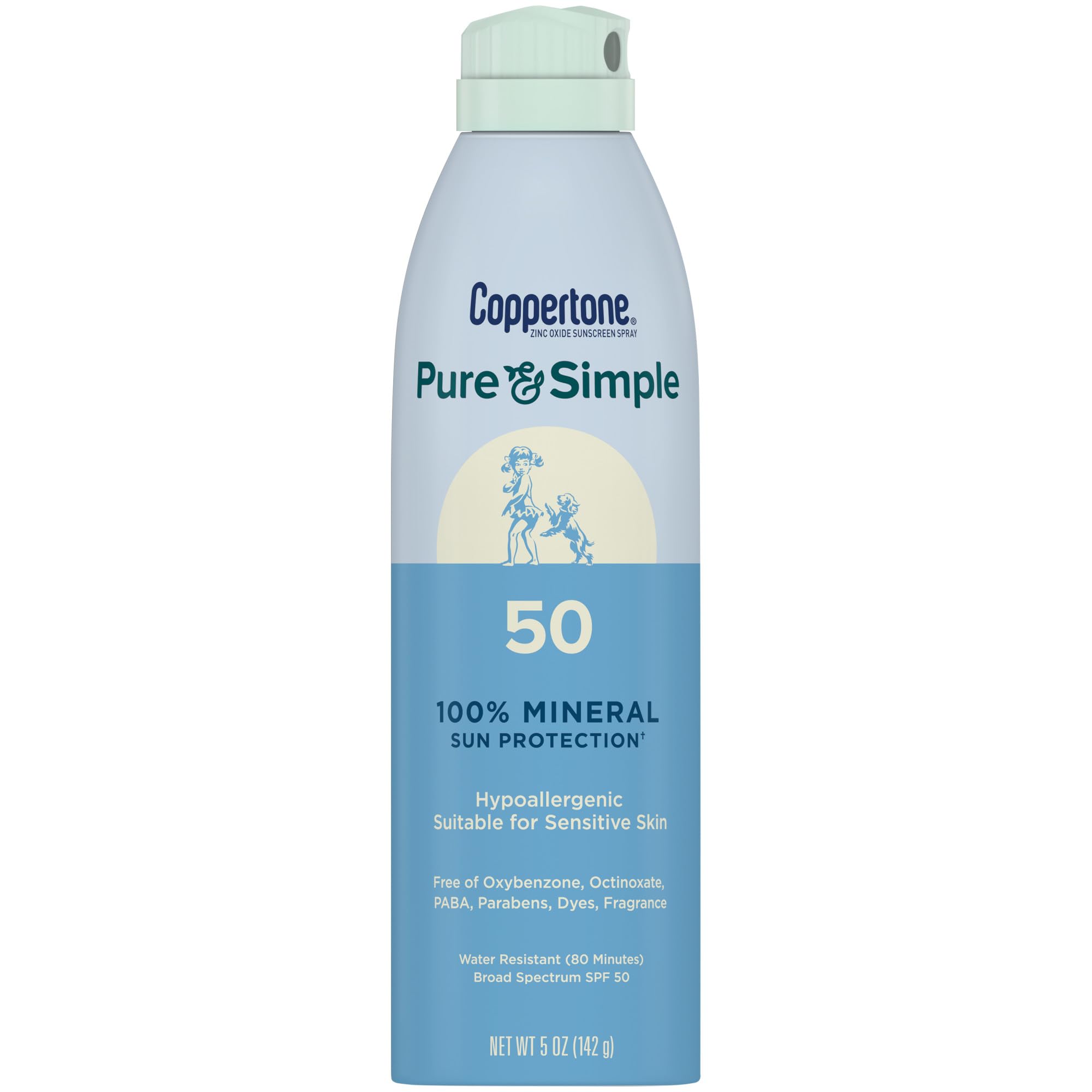 Coppertone Pure & Simple Zinc Oxide SPF 50 Spray – Fragrance-Free, Water-Resistant (5 oz)