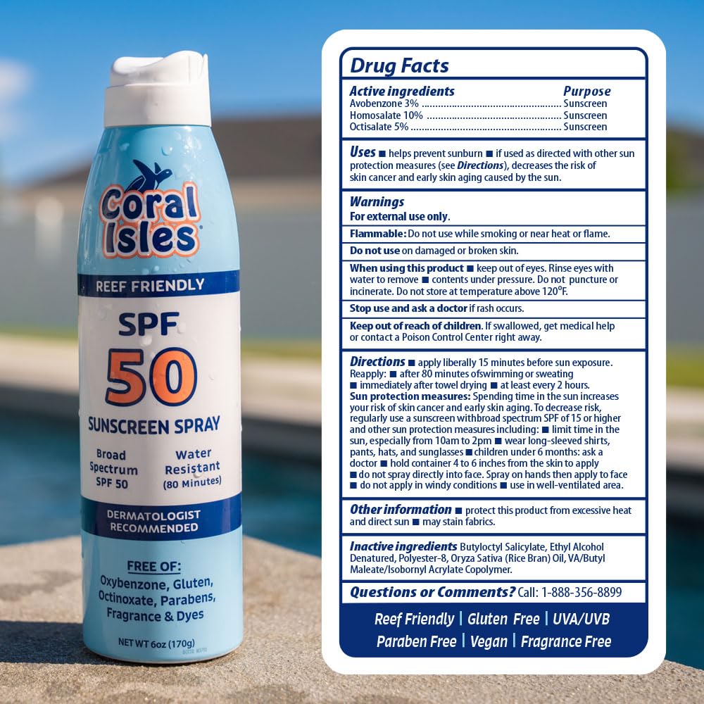 Coral Isles Sunscreen Spray SPF 30 - Hawaii Compliant, Reef-Safe, Broad Spectrum, Water-Resistant, 6 Fl Oz (Pack of 3)