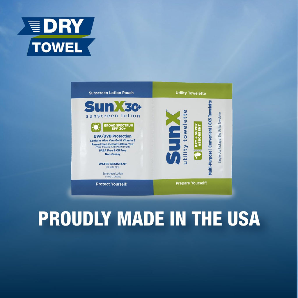 CoreTex Sun X 30+ SPF 30 Packets + Dry Towels Duo – 25-Pack, No White Cast, 80-Min Water Resistant