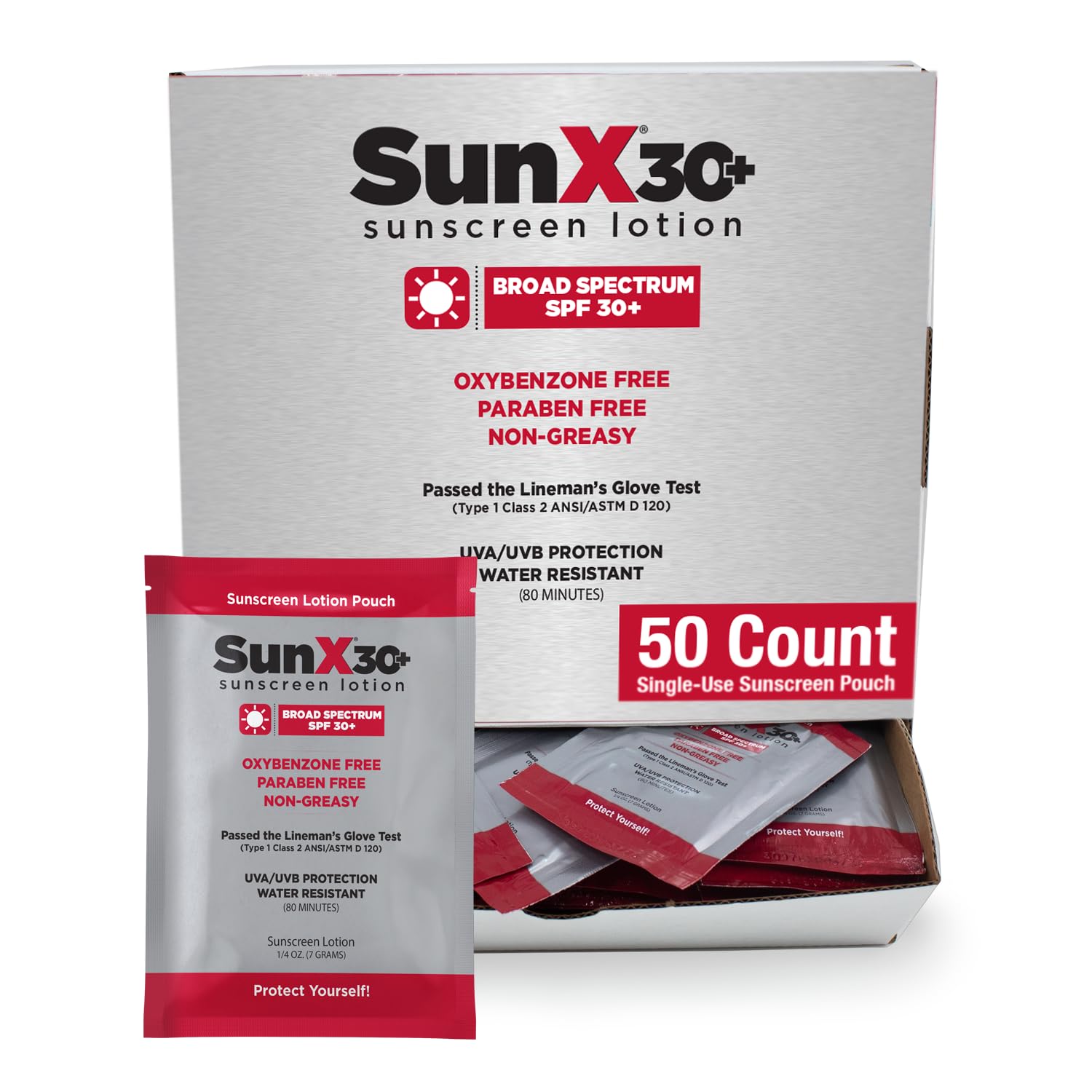 CoreTex Sun X 30+ SPF Travel Packets — 50 Oil-Free, Broad Spectrum, Reef-Safe, 80-Minute Water-Resistant