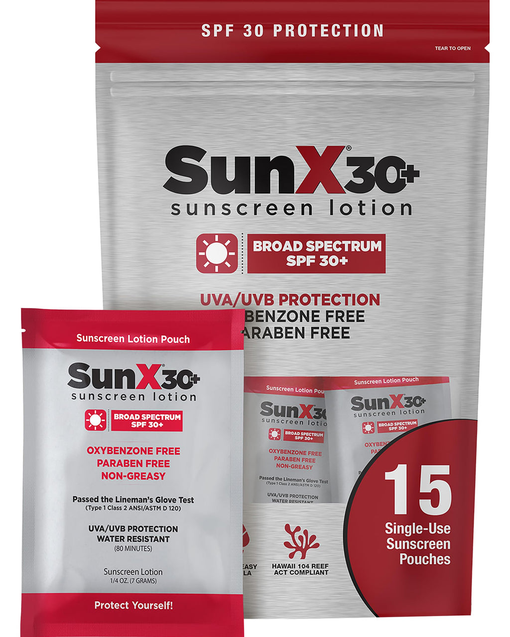 CoreTex Sun X 30+ SPF Broad Spectrum Sunscreen Packets with Resealable Travel Bag – Pack of 15, Paraben/Oxybenzone/Octinoxate Free, Oil-Free, Water Resistant 80 Minutes