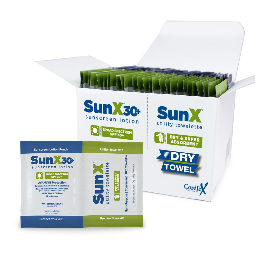 CoreTex Sun X 30+ SPF 30 Packets + Dry Towels Duo – 25-Pack, No White Cast, 80-Min Water Resistant