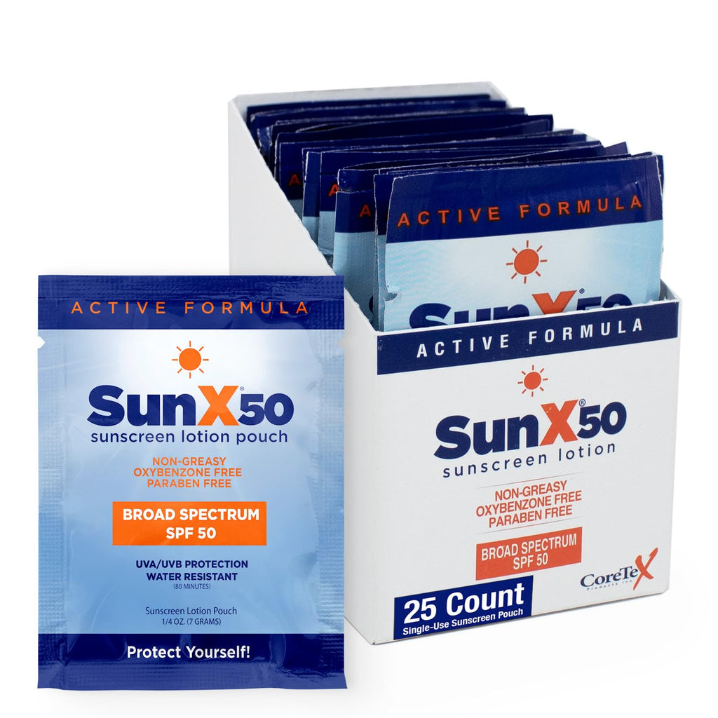 CoreTex Sun X 50 SPF Broad Spectrum Sunscreen Packets – 25 Pack, Oil-Free, Reef Safe, 80-Minute Water Resistant