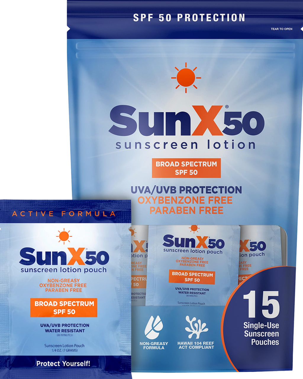 CoreTex Sun X 50 SPF Packets - 15-Pack with Travel Bag, 80-Minute Water Resistant, Reef Safe