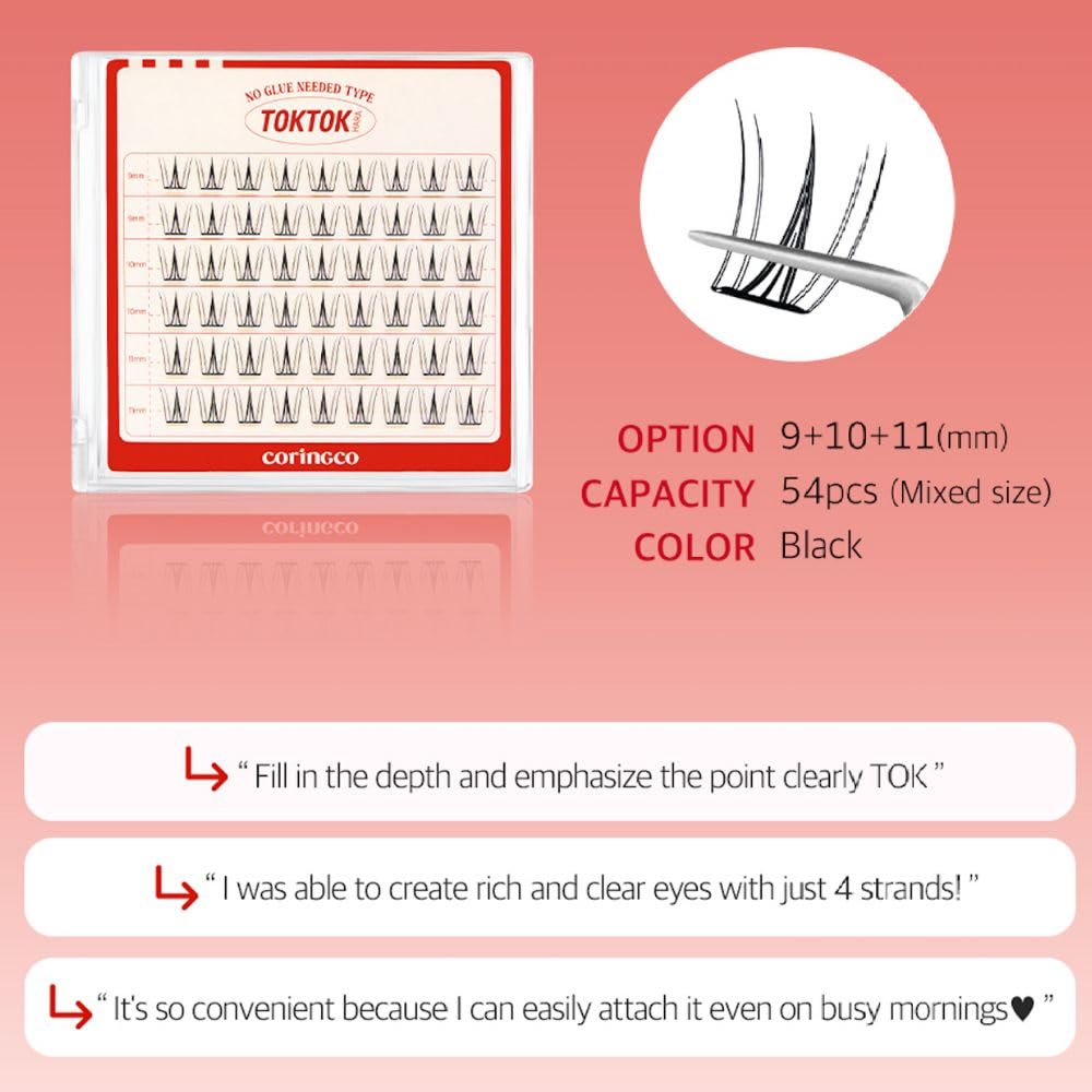 CORINGCO Toktok Hara Light Self-Adhesive False Eyelashes – Cherry Coke Light, 9–11mm, No Glue Needed, Reusable