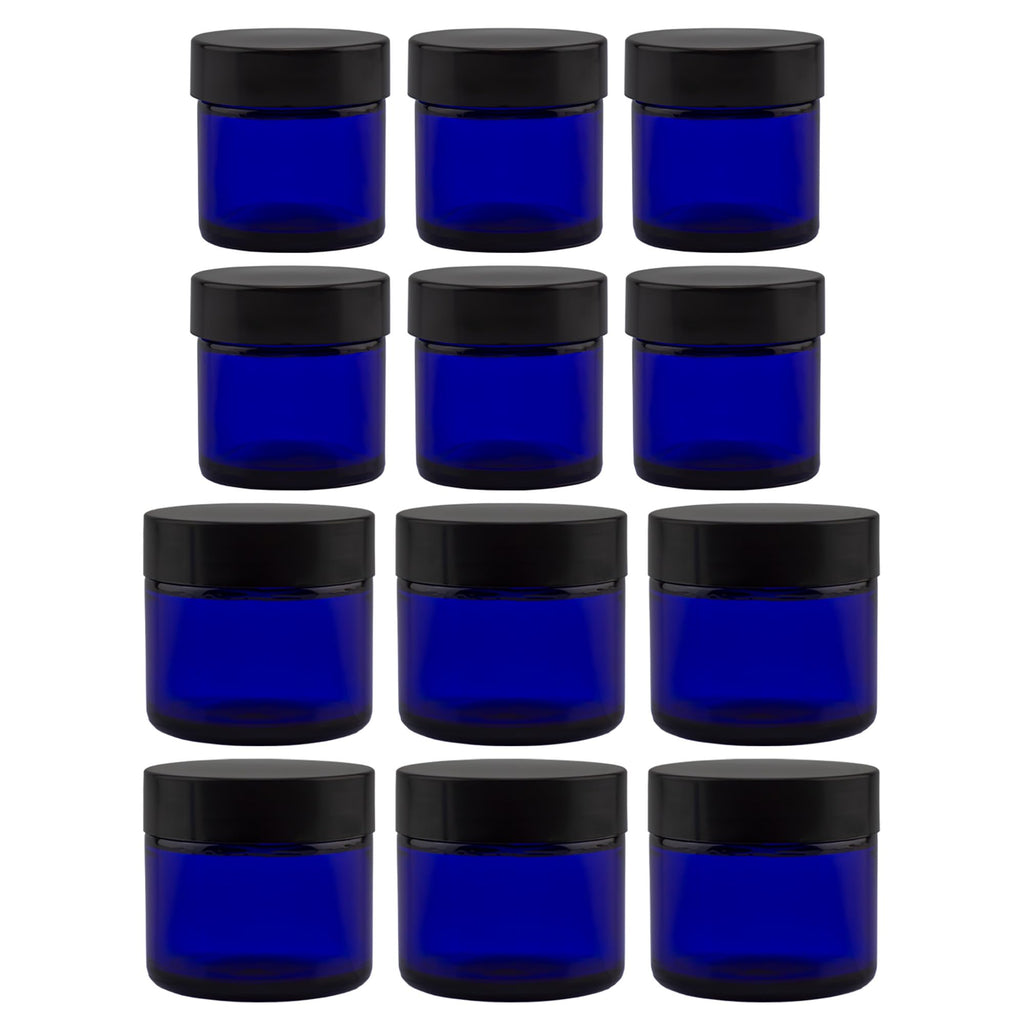 Cornucopia Brands Combination 12 Pack: Cobalt Blue Glass Cosmetic Jars with Lids (1oz & 2oz)