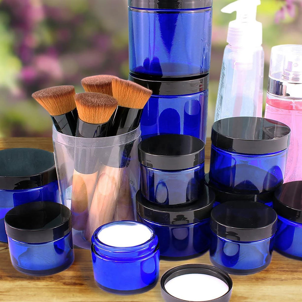 Cornucopia Brands Combination 12 Pack: Cobalt Blue Glass Cosmetic Jars with Lids (1oz & 2oz)