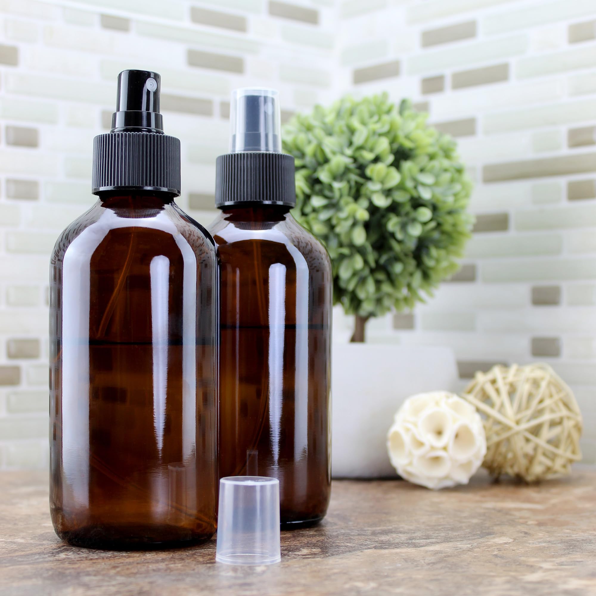 Cornucopia Brands 8oz Amber Glass Fine Mist Spray Bottles (4-Pack) – Boston Round with Atomizers
