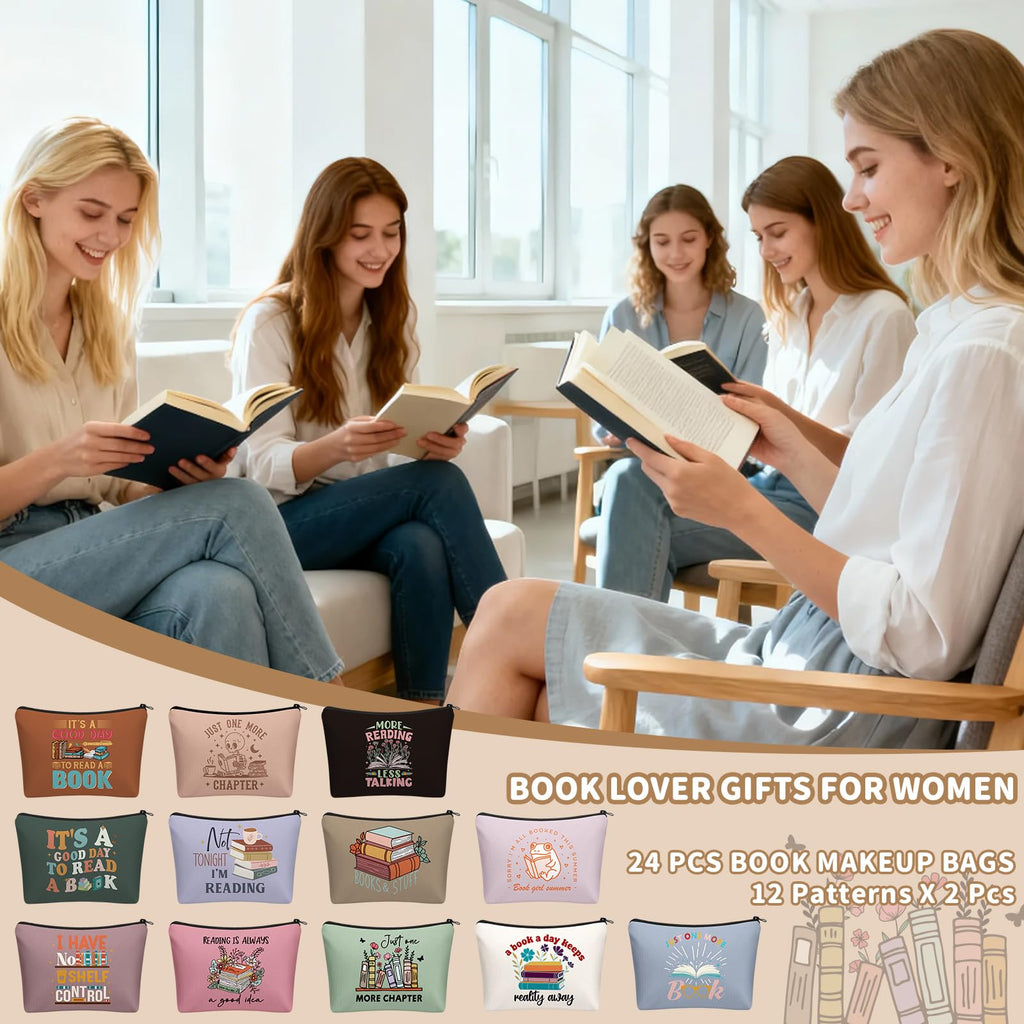 Cosblank 24 Pcs Book Club Gifts Makeup Bags for Women – 8.7 x 6 Inch Bookish Pouches