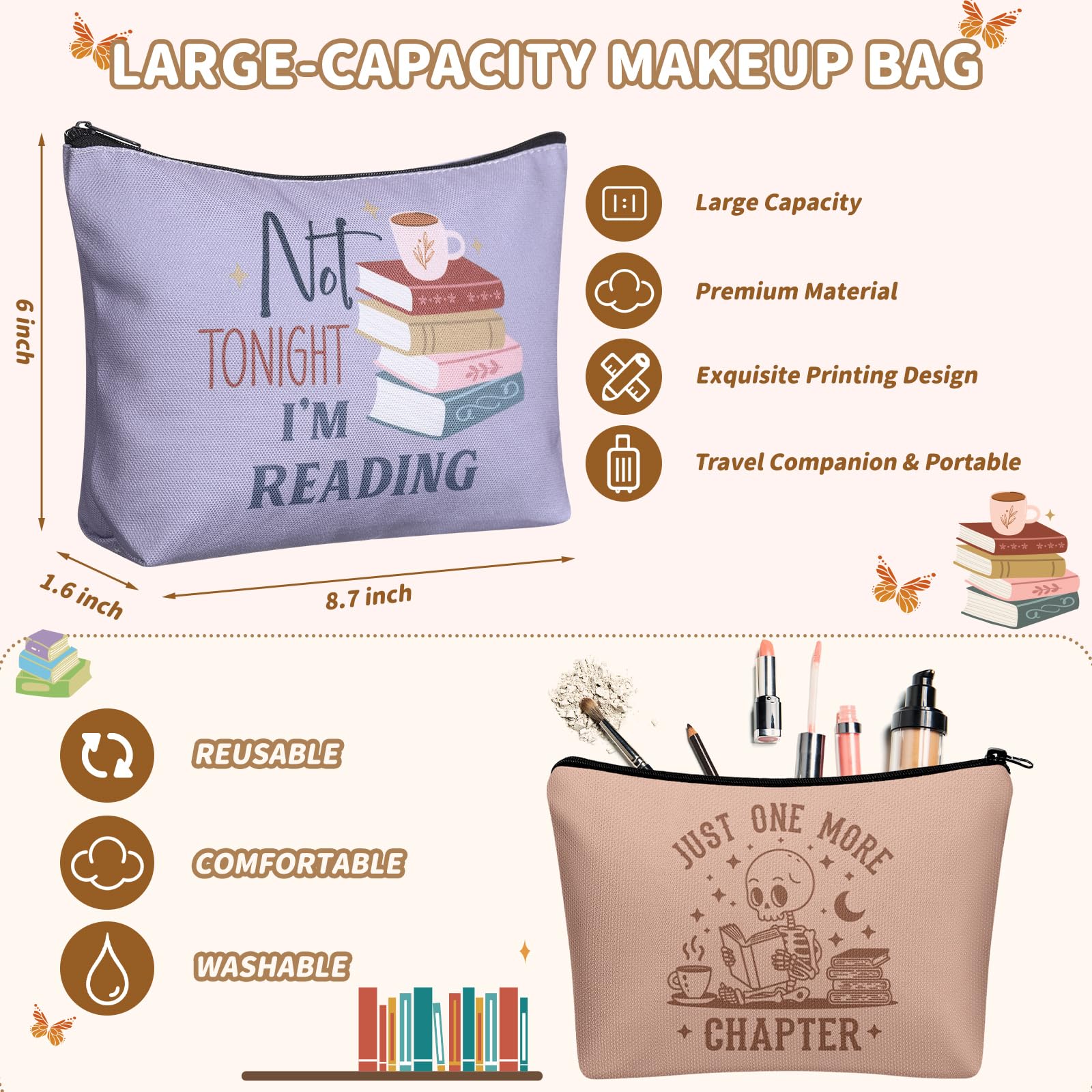 Cosblank 24 Pcs Book Club Gifts Makeup Bags for Women – 8.7 x 6 Inch Bookish Pouches
