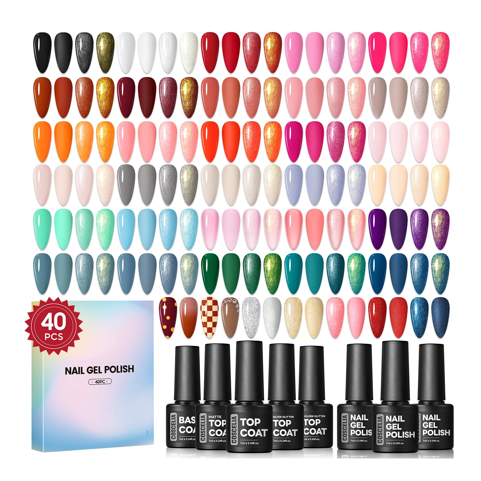 COSCELIA 40pc Gel Nail Polish Set – 35 Colors + Base & Top Coats for At-Home Manicures