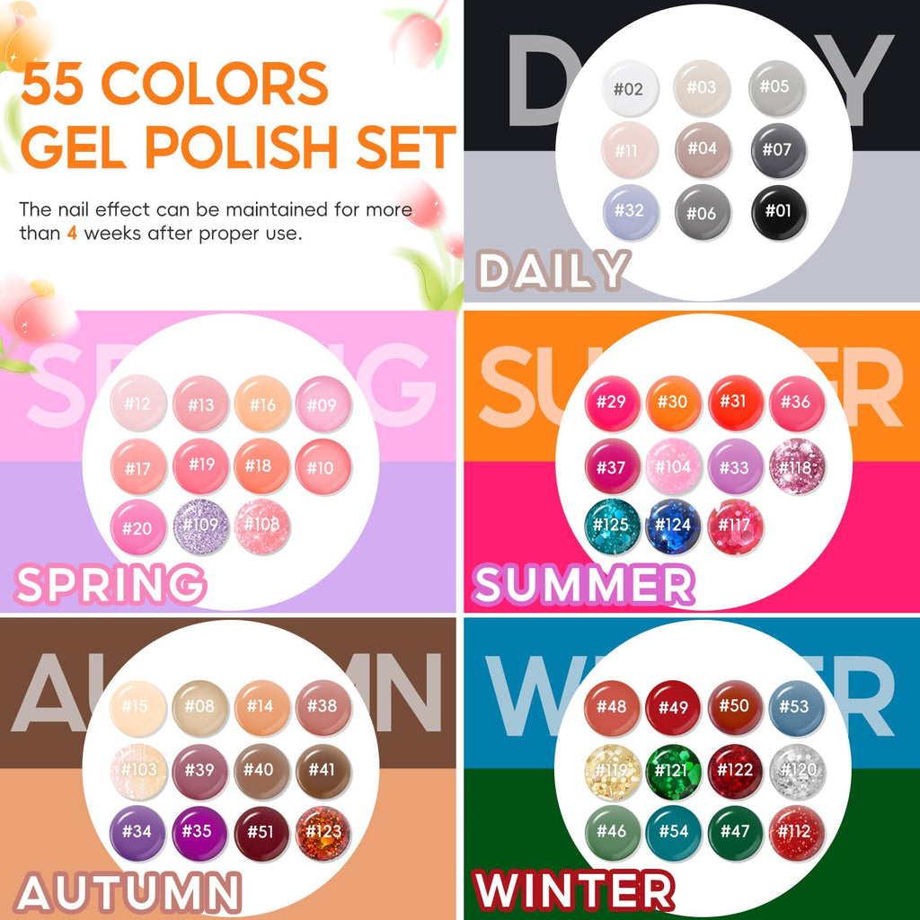 COSCELIA 60-Piece Gel Nail Polish Set – 55 Colors + Top & Base Coats
