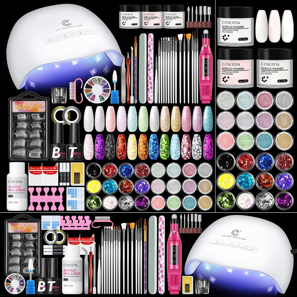 COSCELIA 58PCS Acrylic Nail Kit for Beginners | Complete Home Salon Set with UV Lamp, Drill & 24 Glitter Powders