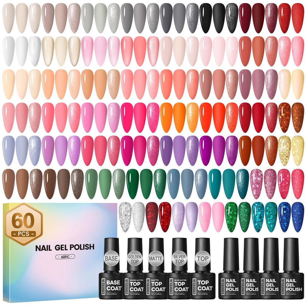 COSCELIA 60-Piece Gel Nail Polish Set – 55 Colors + Top & Base Coats