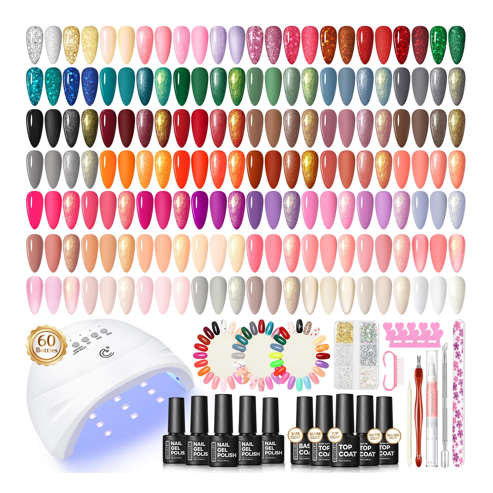 COSCELIA 60-Piece Gel Nail Polish Kit with UV Light — 55 Shades, 5 Top/Base Coats, Rhinestones