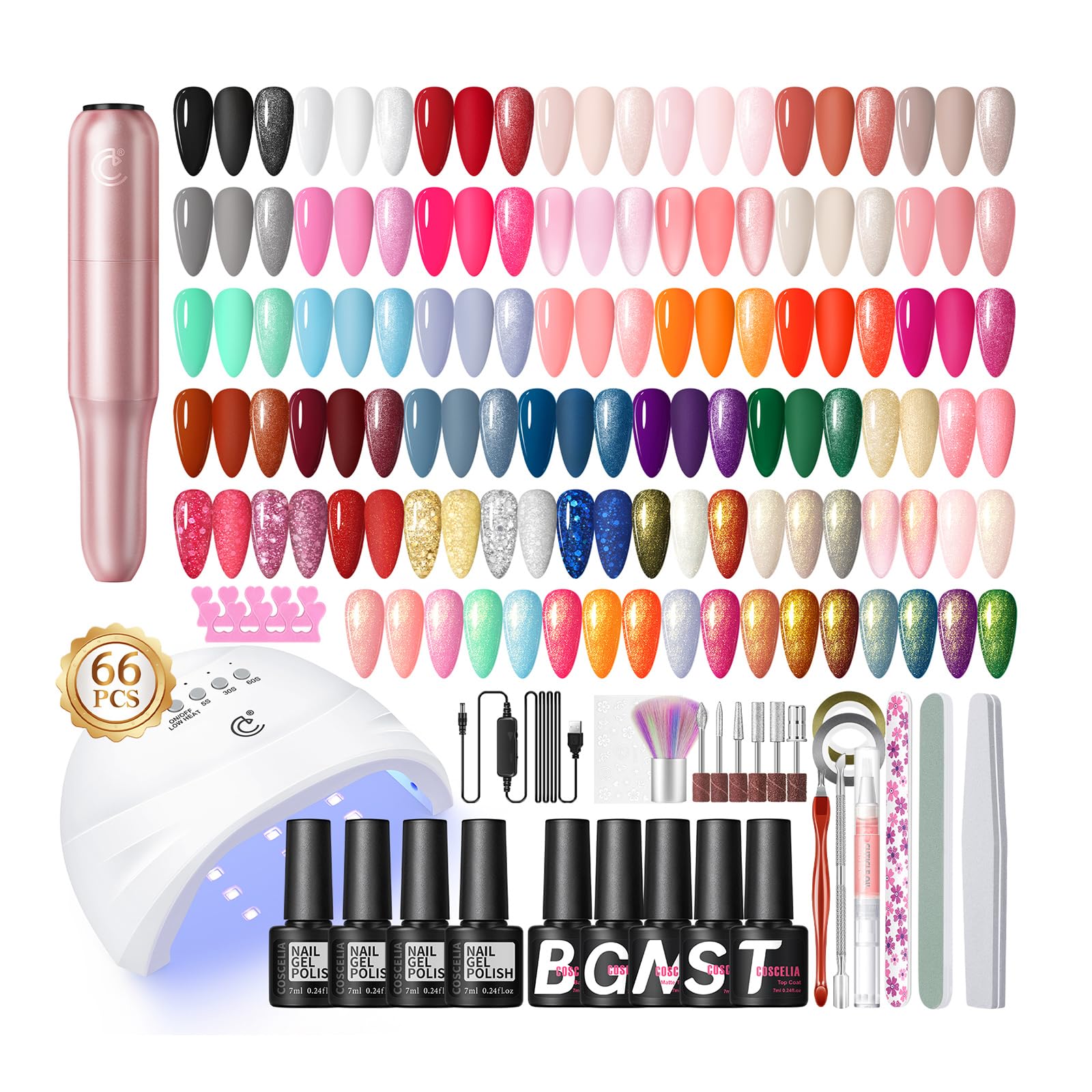 COSCELIA 66Pcs Gel Nail Polish Kit with UV Light & Drill – 35 Colors for DIY Manicures