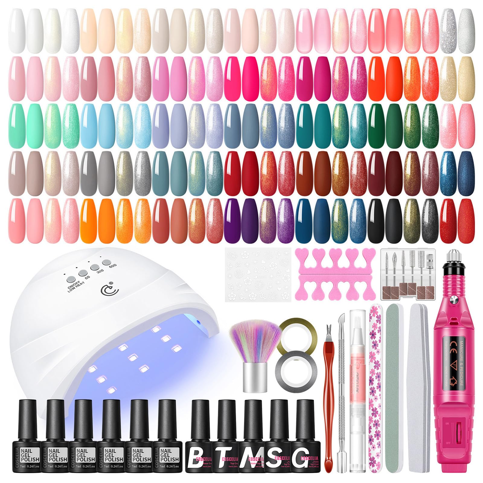 COSCELIA 53-Piece Gel Nail Polish Kit with UV Light & Drill – 35 Colors, Top & Base Coats