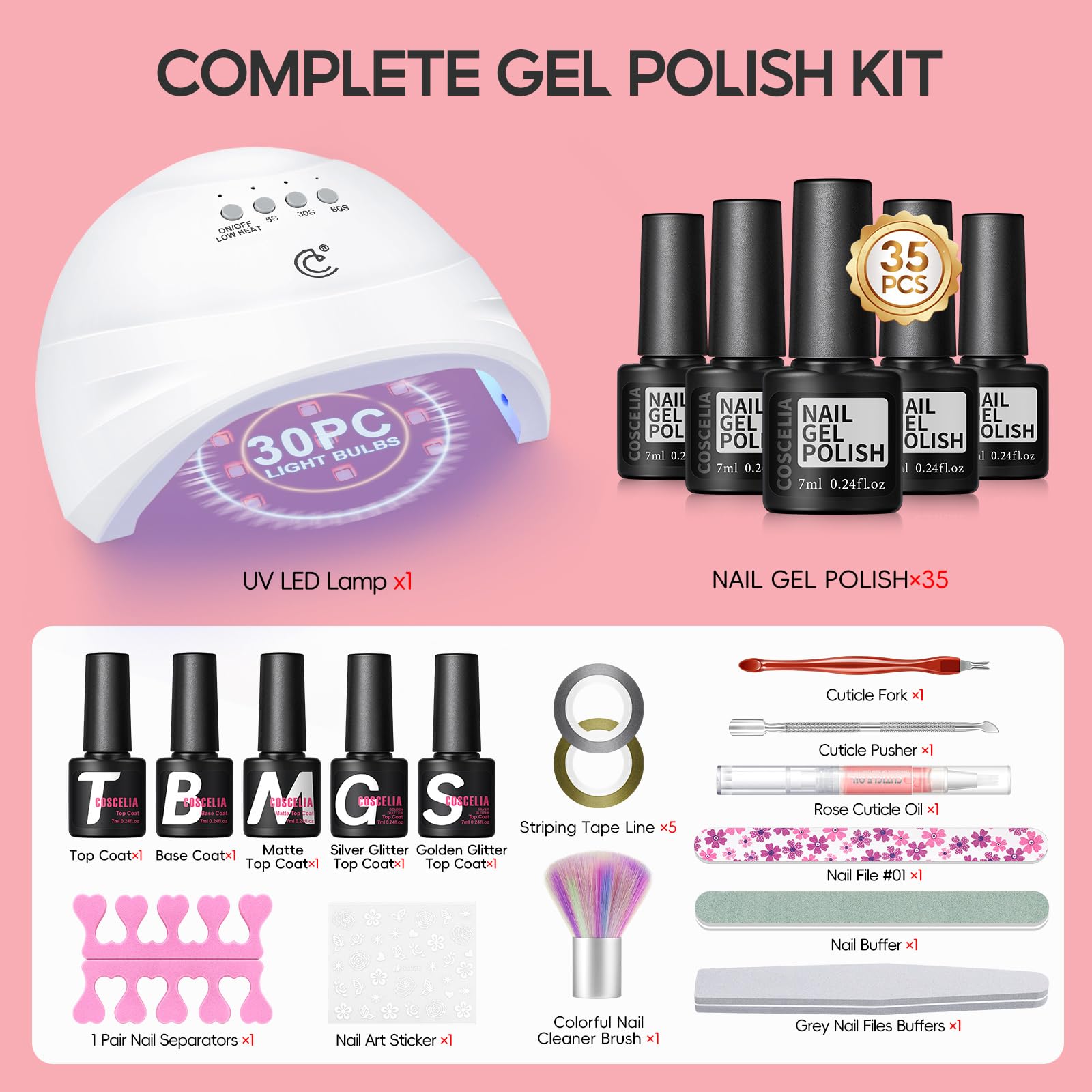 COSCELIA 52pcs Gel Nail Polish Kit with UV Light – 35 Colors Spring Cream Collection + 5 Top/Base Coats