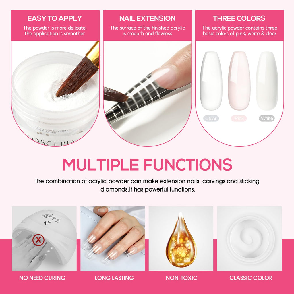 COSCELIA Acrylic Nail Kit for Beginners – All-in-One Professional Manicure Set with Powder, Glitter & Rhinestones