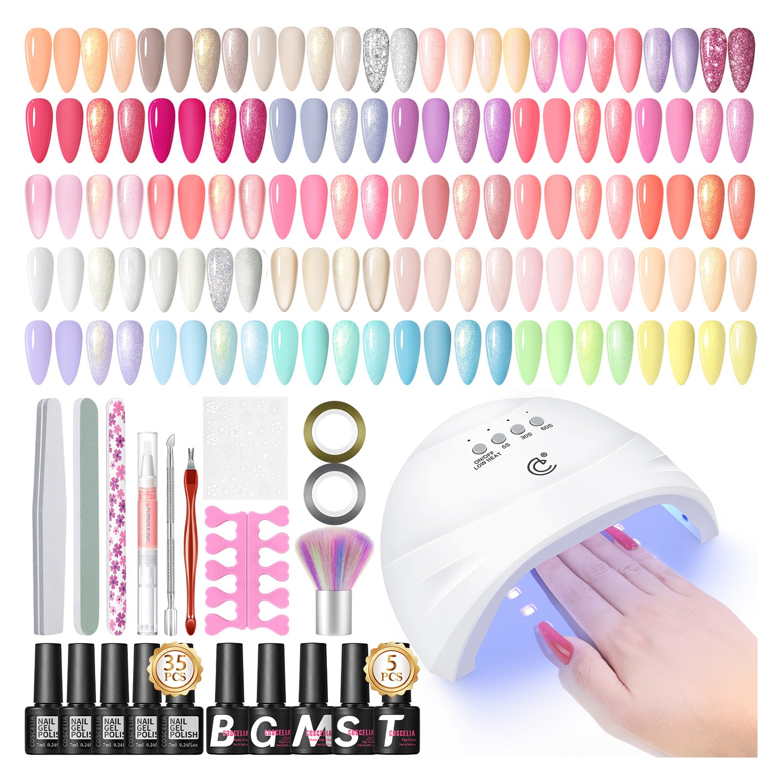 COSCELIA 52pcs Gel Nail Polish Kit with UV Light – 35 Colors Spring Cream Collection + 5 Top/Base Coats